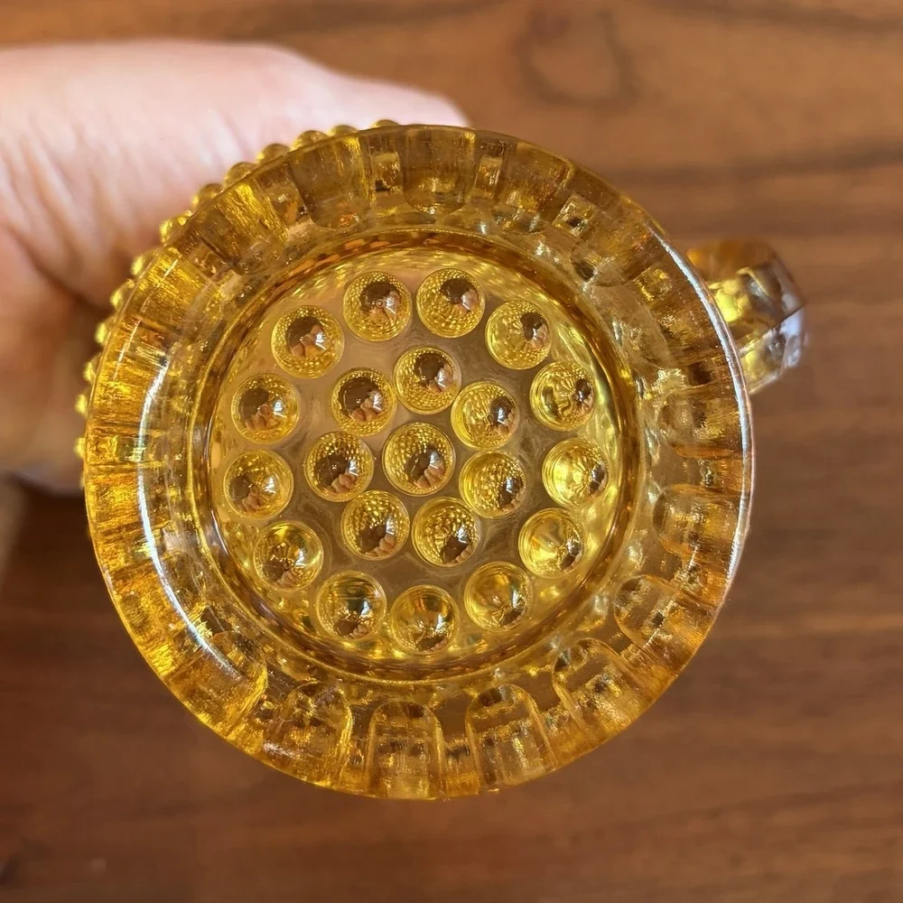 Vintage Hobbs Brockunier Amber Glass Ruffle Top Hobnail Pitcher 4